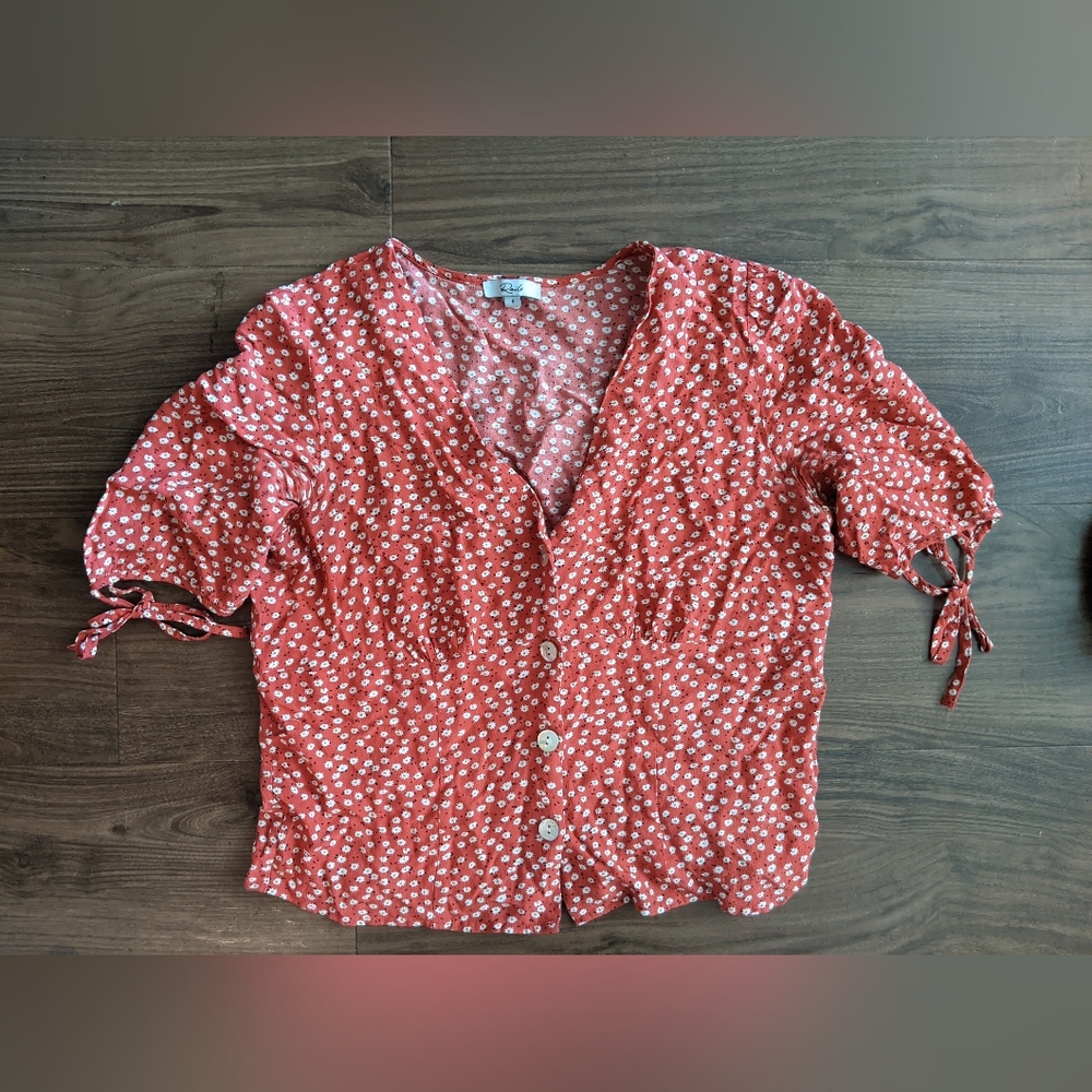 Rails - Amelia Blouse Tie Sleeves Button-Up | Size Small | Carmine Daisy Red - Picture 11 of 14